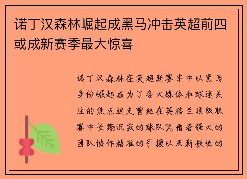 诺丁汉森林崛起成黑马冲击英超前四或成新赛季最大惊喜
